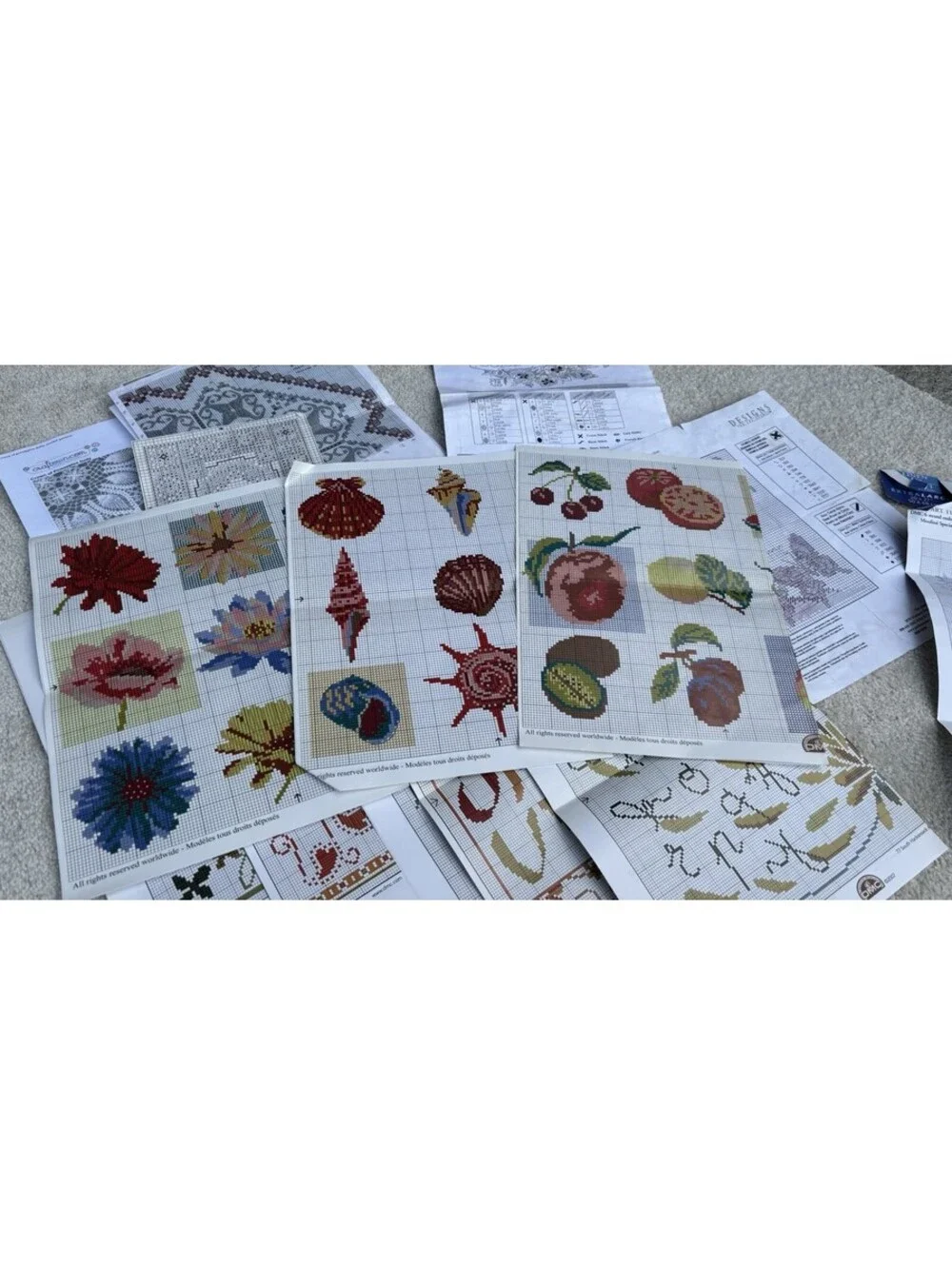 Lot Of Paper Cross Stitch Patterns Alphabets, Sea Shells, Flowers
